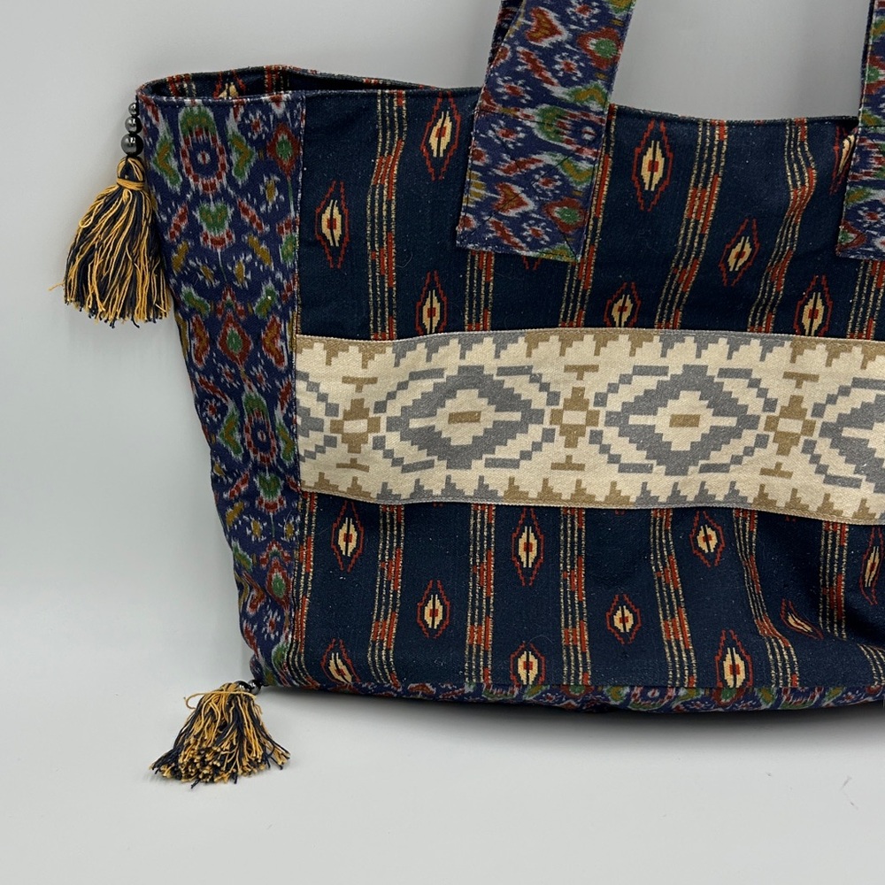 Free People Basel Tassel Tote Bag Boho Chic Tote Bag Navy Blue Canvas Hippie - Picture 4 of 14